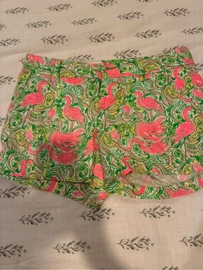 Lilly Pulitzer Neon Pink Flamingo Print Shorts with Green Paisley